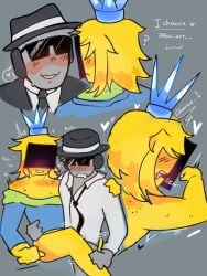ambiguous_penetration bite_mark blush chance_(forsaken) clothed covered_face crown face_covered facewear fedora forsaken_(roblox) glasses grey_body grey_skin hat headphones headwear itrapped itrapped_(forsaken) kiwi_art__ open_mouth roblox roblox_game robloxian sitting suit suit_and_tie sweat sweating yellow_body yellow_hair yellow_skin