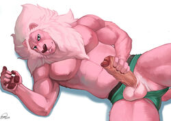 2015 balls cartoon_network clothing feline fur lion lion_(steven_universe) looking_at_viewer male male_only mammal mane mariart masturbation muscles pecs penis pink_fur solo steven_universe uncut underwear vein