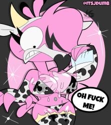 2025 alternate_version_available animal_print animal_print_bikini animal_print_thigh_highs anthro avian beak big_breasts bikini bird black_eyes bovid_horn bovine_horn bra breasts cleavage clothed clothing cow_horn cow_print cow_print_armwear cow_print_bikini cow_print_elbow_gloves cow_print_legwear cow_print_thigh_highs dialogue digital_media_(artwork) english_text eyelashes female flamingo flamma hi_res horn jdone legwear milk navel navel_piercing nipple_outline nipples non-mammal_breasts non-mammal_navel non-mammal_nipples panties pattern_bikini pattern_clothing pattern_legwear pattern_swimwear pattern_thigh_highs piercing pink_body simple_background solo speech_bubble spill spilled_drink spilled_milk spilling_drink swimwear tail text thick_thighs thigh_highs two-piece_swimsuit underwear wet wet_body wet_clothing wide_hips