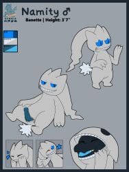 3:4 absurd_res animal_only banette black_body black_scales blue_border blue_sclera blue_tongue border fan_character foreskin generation_3_pokemon genitals hi_res kobold male model_sheet namity_(character) nintendo penis pokemon pokemon_(species) presenting presenting_penis scales scalie solo syngie tongue uncircumcised
