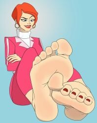 1girls absurdres arms_cross arms_crossed_under_breasts barefoot blue_eyes breasts collar collarbone collared_shirt dc dc_animated_universe dc_comics dcau dominant ear_piercing ear_ring earring earrings fat_feet feet feet_together female female_focus female_only foot_fetish foot_focus foot_play foot_tease foot_worship ginger ginger_female ginger_hair harley_quinn_(series) highres jewelry light-skinned_female light_skin mature_female mature_woman milf mother mother_(lore) pink_outfit presenting_feet red_hair red_lipstick red_toenail_polish red_toenails red_toes rtuenuik2 sexy_feet sharon_quinzel showing_feet soles soles_female soles_fetish suggestive_look tease teasing teasing_viewer toes white_collar