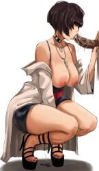bad_feet bare_shoulders belt black_choker black_dress black_hair black_sandals breasts breasts_out choker coat collarbone cum cumdrip dark-skinned_male dark_skin dress fellatio female hand_up high_heels highres interracial jewelry lab_coat large_areolae large_breasts legs long_sleeves male nail_polish necklace nipples off_shoulder open_clothes open_coat open_mouth oral penis persona persona_5 red_belt sandals shadow short_dress short_hair simple_background squatting stiletto_heels straight strappy_heels tae_takemi takemi_tae tan tanlines thick_thighs thighs toenail_polish toenails white_background white_coat xiiicaelum