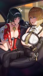 2girls absurdres arms_under_breasts astra_yao black_choker black_gloves black_hair black_pants blonde_hair blush breasts car_interior choker collared_shirt commentary crossed_arms crossed_legs cruzvu dress earrings elbow_gloves english_commentary evelyn_chevalier gloves hairband high-waist_pants highres jacket jewelry kneeling large_breasts looking_at_another multiple_girls necktie open_mouth pants pout purple_eyes red_eyes red_jacket shirt short_hair single_elbow_glove sitting sleeveless sleeveless_shirt tight_clothes tight_pants white_dress white_hairband white_shirt yellow_necktie zenless_zone_zero