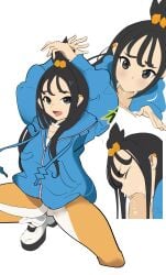 1boy :d absurdres arms_up black_hair blue_hoodie closed_eyes commentary_request cube_hair_ornament earclip fellatio female grey_eyes hair_ornament highres hood hood_down hoodie leggings lida_(pokemon) long_hair multiple_views oni-_-on open_mouth oral pokemon pokemon_legends:_z-a shoes simple_background smile socks straight sweat tagme tagme_(artist) tongue topknot white_background white_shoes white_socks