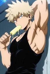 ai ai-created ai_art ai_assisted ai_generated arm_behind_head armpit armpit_fetish armpit_focus armpits bakugou_katsuki black_tank_top boku_no_hero_academia eating eating_food gay hand_behind_head katsuki_bakugou male male_focus male_only my_hero_academia popsicle popsicle_in_mouth popsicle_melting showing_armpits solo_male suggestive_food tank_top