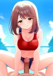 1boy absurdres adda blue_buruma blue_sky blush breasts brown_eyes brown_hair buruma censored cleavage closed_mouth cloud collarbone cowgirl_position day female girlfriend_(kari) highres medium_breasts medium_hair mosaic_censoring navel outdoors penis pov red_sports_bra shiina_kokomi sky smile sports_bra squatting_cowgirl_position stomach straddling yellow_eyes