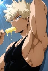 ai ai-created ai_art ai_assisted ai_generated arm_behind_head armpit armpit_fetish armpit_focus armpits bakugou_katsuki black_tank_top boku_no_hero_academia eating eating_food gay hand_behind_head katsuki_bakugou male male/male male_focus male_only my_hero_academia popsicle popsicle_in_mouth popsicle_melting showing_armpits solo_male suggestive_food tank_top yaoi
