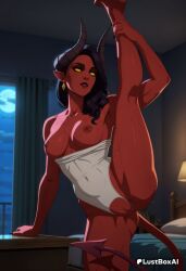1girls ai_generated bed black_hair black_sclera breasts collarbone colored_sclera colored_skin covered_navel crotch_cutout demon_girl demon_horns demon_tail dispatch_(game) earrings female full_moon hi_res horns indoors jewelry leg_lift leg_up leotard leotard_aside long_hair lustboxai malevola_gibb medium_breasts moon night nipples one-piece_swimsuit pointy_ears pussy red_skin solo split standing standing_on_one_leg standing_split sweat tail uncensored window yellow_eyes