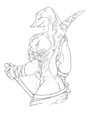 1boy 2013 ass back_view gay male male_only monochrome muscular no_visible_genitalia non-human non-human_only shark slammu solo street_sharks tagme traditional_media zubat_(artist)