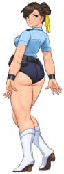 1girls ass blush brown_eyes brown_hair chun-li female female_only full_body hair_bun looking_at_viewer police police_uniform policewoman shigenobu simple_background smile solo street_fighter tied_hair white_background
