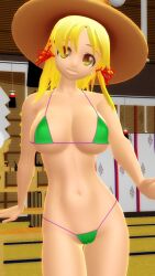 1girls 2025 3d big_breasts bikini breasts clavicle cleavage deity female female_only green_bikini hat hati_yukkuri_mmd headwear hips interior_background jpeg light-skinned_female looking_at_viewer midriff mmd navel open_mouth red_ribbon shrine skimpy_bikini solo_female suwako_moriya swimsuit tied_hair touhou uncanny_valley waist yellow_eyes_female yellow_hair_female