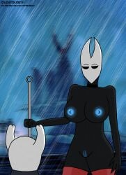 1boy 1girls 2_horns big_breasts big_thighs bikini black_body black_eyes blue_nipples bra breasts eyelashes female holding_weapon hollow_knight hollow_knight:_silksong horn hornet_(hollow_knight) insects large_breasts male naked nipples no_ai panties rain silentdude01 the_knight_(hollow_knight)