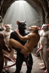 ai_generated anal anal_sex animal_genitalia anthro anthro_on_anthro balls being_watched canine_penis cave crowd_watching cum furrypornaddiction hole knot knotted_penis male male/male mouse muscular muscular_male nipples penis rat
