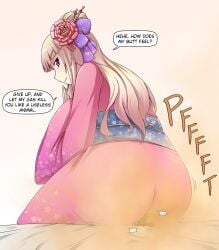 1boy 1girls 2015 2d 2d_(artwork) 2d_artwork ass beautiful big_ass big_butt blonde_hair butt_crack buttcrush color english_text evil_grin facesitting fart fart_cloud fart_fetish farting_in_face farting_on_another fat_ass female female_domination femdom giant_female giantess huge_ass kimono larger_female long_hair looking_back macro male micro original pink_kimono sadism size_difference smaller_male smile terada_ochiko torture wide_hips