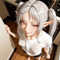 ai_generated beautiful breasts clothing elf elf_ears elf_female female hi_res high_resolution highres kitchen lips long_hair looking_at_viewer mushoku_tensei mushoku_tensei:_isekai_ittara_honki_dasu nipples realistic red_eyes silver_hair smiling smug_face stable_diffusion sylphiette_(mushoku_tensei) twintails