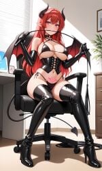 ai_generated bangs bare_shoulders bikini black_bikini black_clothes black_footwear black_gloves black_legwear black_panties black_swimsuit black_thighhighs black_underwear blush boots breasts chair choker cleavage clothing corset demon_girl demon_horns demon_tail demon_wings desk elbow_gloves female female footwear gloves heart high_heel_boots high_heels holding holding_whip horns indoors large_breasts latex latex_gloves legwear lingerie long_hair looking_at_viewer navel o-ring o-ring_bikini office_chair on_chair original pantsu pointy_ears potted_plant pubic_tattoo red_eyes red_hair shoes side-tie_bikini_bottom sitting smile solo stomach string_bikini succubus swimsuit swivel_chair tail tattoo thigh_boots thighhighs thighs underwear window_blinds wings