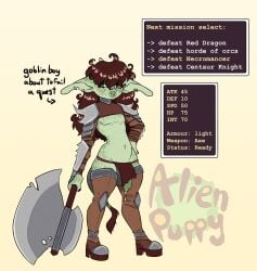 aliendogfreak armor axe big_ears big_penis bodily_fluids bottomwear clothed clothing dripping english_text fantasy femboy flaccid gameplay_mechanics genital_fluids genitals goblin hi_res humanoid loincloth lucky_(aliendogfreak) male mastectomy_scar penis precum precum_drip scar size_difference skimpy smaller_male solo text trans_(lore) trans_man_(lore) unconvincing_armor weapon