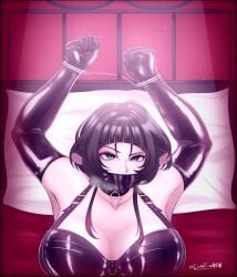 bondage bondage_outfit collar enumapneumansfw gagged handcuffed handcuffs heavy_breathing jane_doe_(zenless_zone_zero) latex latex_gloves long_gloves looking_at_viewer tape_gag tied_to_bed zenless_zone_zero