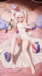 absurdres animal_ears arms_behind_head artist_name bear_ears bear_girl bird blush bound bound_wrists braid breasts bridal_gauntlets commentary dildo dreizerel dress english_commentary female full_body fuufie garter_belt highres indie_virtual_youtuber large_breasts long_hair looking_at_viewer lying nipples on_back on_bed open_mouth panties penguin petals pillow purple_eyes pussy pussy_juice riding_crop sex_toy single_braid sleeveless sleeveless_dress smile thighhighs tiara underwear virtual_youtuber wedding_dress white_dress white_hair white_panties