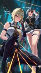 2girls :d absurdres astra_yao astra_yao_(chandelier) bare_legs black_choker black_dress black_gloves black_hair black_pants blonde_hair breasts choker collared_shirt commentary cruzvu dress earrings elbow_gloves english_commentary english_text evelyn_chevalier from_below gloves hair_intakes hand_on_own_hip high_heels highres jewelry large_breasts legs long_hair looking_at_viewer mole mole_under_eye multiple_girls necktie official_alternate_costume open_mouth panties pants parted_lips purple_eyes red_eyes removing_eyewear shirt short_dress short_hair single_elbow_glove smile squatting sunglasses underwear white_panties white_shirt yellow_necktie zenless_zone_zero
