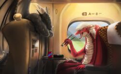 2022 absurd_res bento_box biped black_body chopsticks claws dorsal_fin dorsal_frill dragon ear_fins fin food foxixus frill_(anatomy) grey_body hi_res horn inside_train male multicolored_body mythological_creature mythological_scalie mythology negadrake onigiri proboscis_(anatomy) red_eyes rice scalie shinkansen spines sushi trunk_(anatomy) wings