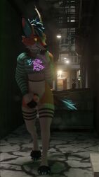 3d_(artwork) 4k 9:16 absurd_res anthro clothed clothing digital_media_(artwork) dumpster femboy genitals half-erect hi_res horn lagomorph male mammal outside partially_clothed penis public public_nudity sany_van_fox sanythefox solo vrchat_model wings wolpertinger