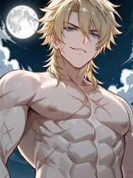 1boy 1male ai ai_generated blonde_hair blue_eyes from_below genshin_impact moon muscular muscular_male night scar scars scars_all_over shirtless smirk stable_diffusion varka_(genshin_impact)