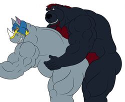 bear biceps big_muscles chubby duo fur krosbar_(artist) male male_only mammal musclegut muscles rhinocerus sex white_background