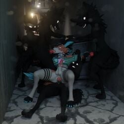 1:1 3d_(artwork) absurd_res alley anal anal_sex anthro bodily_fluids canid canine digital_media_(artwork) double_handjob dumpster fellatio femboy fox genital_fluids genitals group group_sex handjob hi_res horn lagomorph male male/male mammal oral outside penetration penile penis precum public public_sex sany_van_fox sanythefox sex vrchat_model wings wolpertinger