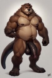 ai_generated anthro balls beaver beaver_tail belly big_balls big_penis brown_fur cock fur furry male moobs naked nipples pecs penis