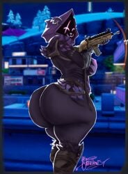 anthro arm_tuft armor ass bear_ears belly belt belted_boots big_breasts big_butt boots breasts building city city_background clothing epic_games eye_scar facial_scar female footwear fortnite fortnite:_battle_royale fur gauntlets giovannilol19 gloves glowing glowing_eyes handwear holding_object holding_weapon hood hoodie huge_butt huge_thighs leg_tuft legwear looking_at_viewer looking_back metal_gloves mountain night plant purple_body purple_fur raven_team_leader rear_view scar scar_(gun) scarf shoes shoulder_tuft solo standing thick_thighs topwear tree tuft weapon wide_hips