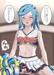 2boys :d alternate_costume aqua_hair balls bar_censor blurry blurry_background blush censored cheerleader closed_eyes collarbone commentary_request cropped_shirt crossdressing crossdressing_(mtf) cum femboy grusha_(pokemon) happy highres holding holding_pom_poms indoors male male_focus medium_hair min_(myna8247) multiple_boys navel open_mouth penis pleated_skirt pokemon pokemon_sv pom_pom_(cheerleading) print_shirt shirt skirt sleeveless sleeveless_shirt smile speech_bubble spread_legs sweat testicles translation_request white_shirt white_skirt yaoi