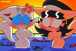 2025 anthro big_breasts bikini bikini_bottom_removed bikini_removed bikini_top_removed black_bikini black_clothing black_eyes black_hair black_swimwear blue_sclera blush breasts brown_body carlota_michimiau cleavage clothed clothing clothing_aside covering covering_breasts covering_crotch covering_self digital_media_(artwork) domestic_cat duo embarrassed eyelashes eyewear eyewear_on_head eyewear_only felid feline felis female flower flower_accessory hair hi_res jdone kitty_katswell mammal michi_guau navel nickelodeon nude nude_anthro nude_female plant public public_exposure red_bikini red_clothing red_swimwear sunglasses sunglasses_on_head sunglasses_only sunset swimwear swimwear_aside t.u.f.f._puppy tail triangle_bikini two-piece_swimsuit untied_bikini wardrobe_malfunction water white_body