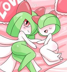2025 2girls ass ass blush blush blush_lines duo duo_female english english_text female female_only heart hearts_around_head kirlia olivia's_box on_bed pixiv_link pokemon pokemon_(species) ralts red_eyes tagme white_body