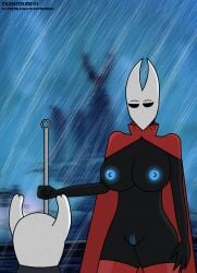1boy 1girls 2_horns big_breasts big_thighs bikini black_body black_eyes blue_nipples bra breasts cape eyelashes female holding_weapon hollow_knight hollow_knight:_silksong horn hornet_(hollow_knight) insects large_breasts male naked nipples no_ai panties rain silentdude01 the_knight_(hollow_knight)