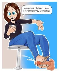 1boy 1girls barefoot black_shirt blue_eyes blue_jeans blue_nails blue_toenails brown_hair collared_shirt cum cumshot disembodied_penis ear_piercing feet foot_fetish foot_focus footjob fully_clothed holding_object holding_phone open_mouth painted_nails painted_toenails penis phone samsung samsung_sam short_hair sitting smile stepping_on_penis tinsay_(artist) toes