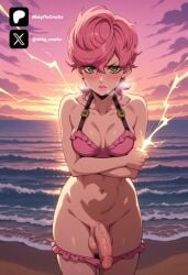 1futa ai_generated arms_under_breasts balls breasts cock colored dick erection female futa/female futa_only futanari green_eyes intersex jojo's_bizarre_adventure light-skinned_futa light_skin medium_ass medium_breasts nickythecreator panties_down penis pink_bikini pink_eyes sexy sexy_body sexy_pose short_hair standing testicles trish_una uncensored veiny_penis vento_aureo