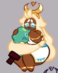 breasts cheese cookie_run cookie_run_kingdom female hair huge_breasts hugging mozzarella_cookie size_difference tagme wamnugget