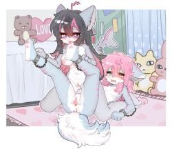 animal_humanoid big_breasts black_hair blue_eyes bodily_fluids bondage bound breasts canid canid_humanoid canine canine_humanoid crayon_(artist) duo embarrassed erect_nipples feet felid feline female female/female fish fish_humanoid foot_fetish foot_lick foot_play fox fox_humanoid fur genitals glans grey_body grey_fur hair hair_over_eye harunya hi_res humanoid hybrid kemono licking mammal mammal_humanoid marine marine_humanoid nipples nude nude_female paws penis pink_eyes pink_glans pink_hair purple_hair shark shark_humanoid shark_tail shy smile tongue
