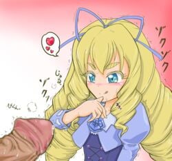 1boy 1girls :q blonde_hair blue_eyes blush censored clothed_female_nude_male corset disembodied_penis drill_hair duo eyebrows female fukuouji_laura hair_ribbon heart imminent_sex japanese_text jewelpet jewelpet_magical_change koushou licking_lips long_hair male mosaic_censoring naughty_face penis pointless_censoring precum puffy_sleeves ribbon sanrio simple_background solo_focus spoken_heart tongue tongue_out trembling