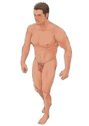 1boy 2010 balls brown_hair flaccid gay male male_only muscular nipples nude original penis pubic_hair simple_background waka_(pixiv332006) white_background