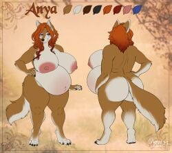2025 anthro anya_(baconbare) areola ass belly big_areola big_ass big_belly big_breasts blue_eyes blush breasts brown_body brown_fur brown_nose canid canine cheek_tuft dated eyelashes facial_tuft female front_view fur hand_on_hip huge_breasts long_hair mammal model_sheet mouth_closed nipples nude orange_hair overweight overweight_anthro overweight_female pregnant pregnant_anthro pregnant_female rear_view red_nipples smile solo standing tiggybloom tuft white_body white_fur wide_hips