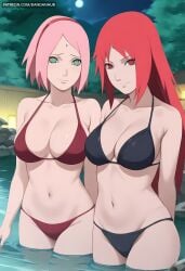 2girls ai_generated bikini black_bikini boruto:_naruto_next_generations breasts cleavage closed_mouth collarbone dandanhub facial_mark female forehead_mark full_moon green_eyes hairband large_breasts long_hair looking_at_viewer moon multiple_girls naruto naruto_(series) naruto_shippuden navel night night_sky onsen outdoors partially_submerged pink_hair red_bikini red_eyes red_hair sakura_haruno short_hair sky smile stomach swimsuit uzumaki_karin wading water