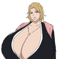 1girls 2d 2d_(artwork) alternate_breast_size big_breasts black_clothing black_robe bleach bleach:_the_thousand-year_blood_war blonde_hair blue_eyes breasts breasts_bigger_than_head chain_necklace digital_drawing_(artwork) digital_media_(artwork) disappointed disappointed_look female female_only flat_colors full_lips giant_breasts hand_on_hip huge_breasts japanese_clothes kissable_lips lips long_hair looking_around matsumoto_rangiku momiji_(artist) necklace nose pink_scarf scarf seductive_look shiny_breasts shonen_jump solo solo_female thick_lips upper_body white_background