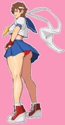 2d ass athletic athletic_female bandana bare_legs breasts brown_eyes brown_hair bubble_butt busty capcom crop_top female female_focus female_only hourglass_figure makeup medium_breasts miniskirt octavius_dp panties platform_heels rear_view sakura_kasugano school_uniform schoolgirl short_hair sideboob skirt sneakers street_fighter street_fighter_alpha tagme tomboy upskirt wide_hips