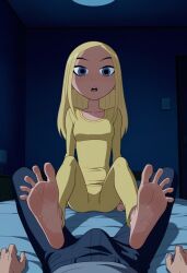 ai_generated ambiguous_gender confused_look dc dc_comics denied female foot_fetish foot_focus foot_play hard_cock male night pajamas penis sweaty teen_titans terra_(dc) uncensored