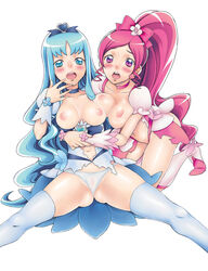 2girls bow clothing cure_blossom cure_marine erika_kurumi heartcatch_pretty_cure! magical_girl medium_breasts multiple_girls nipples oppai panties pretty_cure see-through see-through_panties stockings thighhighs torn_clothes tsubomi_hanasaki uncensored unikura unizou vagina