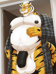 anthro asyr balls barazoku bathrobe big_balls big_chest big_pecs black_penis clothing daddy dilf dream_and_nightmare feline huge_balls humanoid_penis male male_only mammal mature_male open_robe overweight overweight_male pecs penis robe solo tiger white_balls