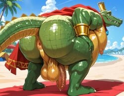 1boy ai_generated anthro anus ass balls beach beach_towel belly bent_over big_balls big_belly big_penis blue_sky booster_rex clouds crocodile crocodilian crown donkey_kong_(series) erection fat fat_belly fat_male furry furry_male furry_only genitals green_skin hand_on_leg k_rool king large_balls large_belly large_penis long_tail looking_back male male_nipples male_only mature mature_male nintendo nipple obese obese_male outdoors overweight overweight_male penis red_robe reptile robe royalty scalie smiling sweat sweating tail testicles trees