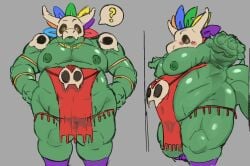 anthro arms_out belly big_belly big_moobs blush blush_lines bone bone_mask bottomwear clothed clothing embarrassed feather_crown feathers glistening glistening_body glistening_moobs glowing glowing_eyes gold_(metal) gold_armlet gold_jewelry gold_necklace green_body green_nipples green_scales grey_background horn jewelry lizard lizardman loincloth loincloth_only male mask moobs multicolored_body multicolored_feathers necklace nipples no_underwear obese obese_male overweight overweight_male question_mark raised_arms reptile scales scalie sightsear simple_background skimpy skull skull_accessory skull_mask skull_pauldron solo speech_bubble terraria thick_thighs tight_fit topless wide_hipped_male wide_hips witch_doctor_(terraria)